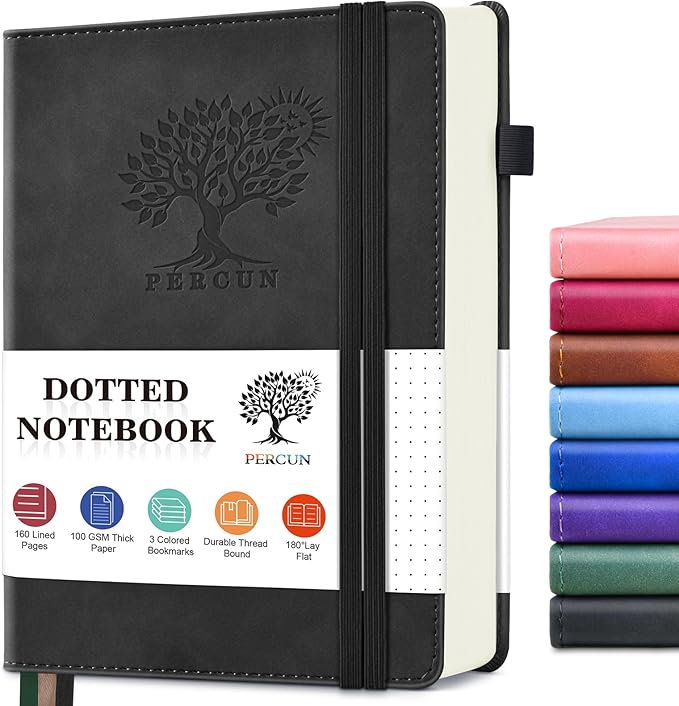 PERCUN Dotted Journal Notebook for Men & Women, 160 Pages Dot Grid notebook for Note Taking, Bullet Journaling Notebook for Work, School, Travel, Writing, A5 Hardcover 5.9" x 8.5"(Black)