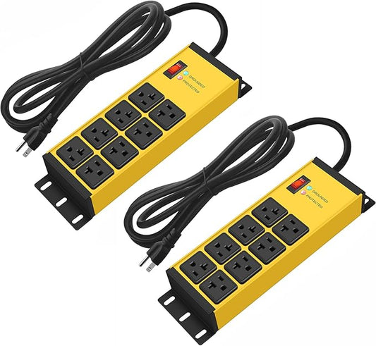 CCCEI 2PCS Heavy Duty Power Strip Surge Protector 20 AMP, 8 Outlets 12 Gauge Shop Garage Metal Multiple Outlets, 6 FT Extension Cord 5-15P Adapter High Amp 6-20R T-Slot 20a for Appliance Yellow.