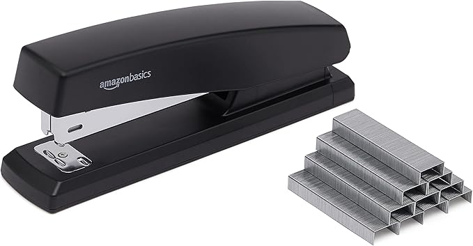 Amazon Basics Desktop Stapler with 1000 Staples, Office Stapler, Lightweight, Easy to Use, 25 Sheet Capacity, Non-Slip, Black, 3 Pack