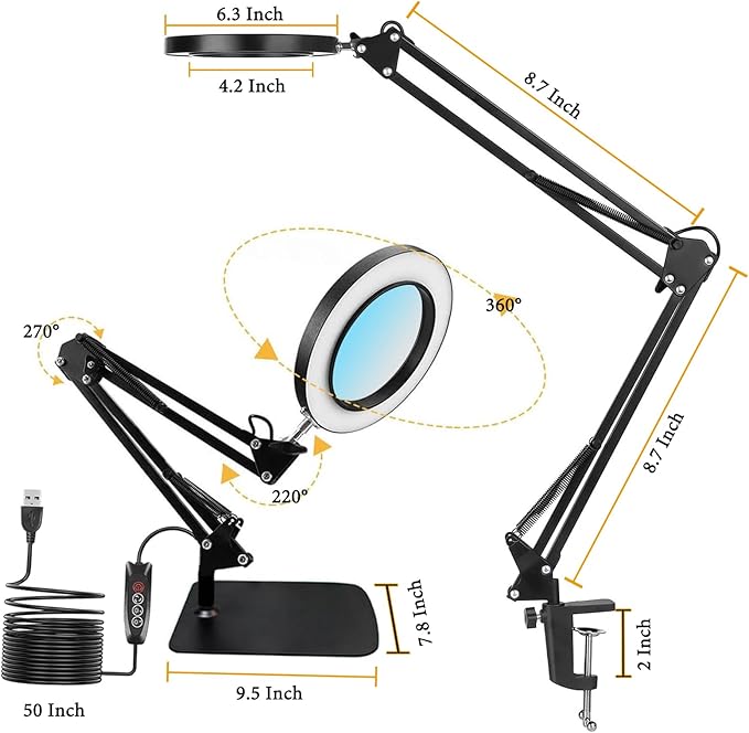 15X Magnifying Glass Lamp with Clamp and Stand, 72 LEDs Desk Lamp with 3 Color Temperatures and 10 Levels Adjustable Brightness for Diamond Art Accessories Hobbies Crafts Reading Close Work Magnifier
