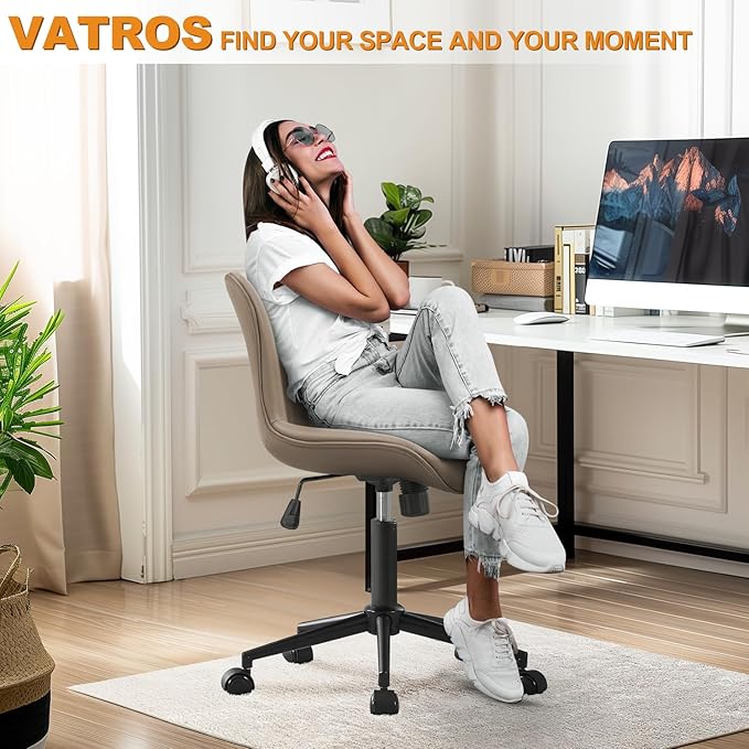 Office Chair, Armless Desk Chair with Wheels, Ergonomic Comfy Home Office Computer Task Chairs,Faux Leather Padded Cute Vanity Chair, Adjustable Height Swivel Chair with Back, Khaki