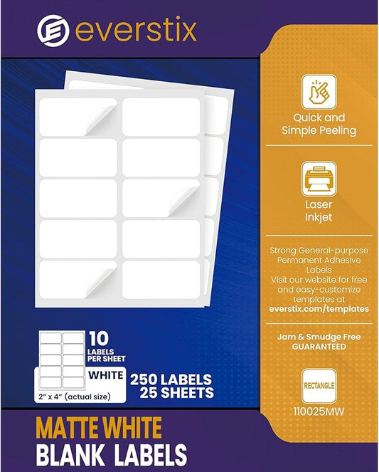 2" x 4", 25 Sheets, 250 Blank Shipping Labels, Printable White Sticker, Shipping Labels for Laser & Inkjet Printers, Letter Size