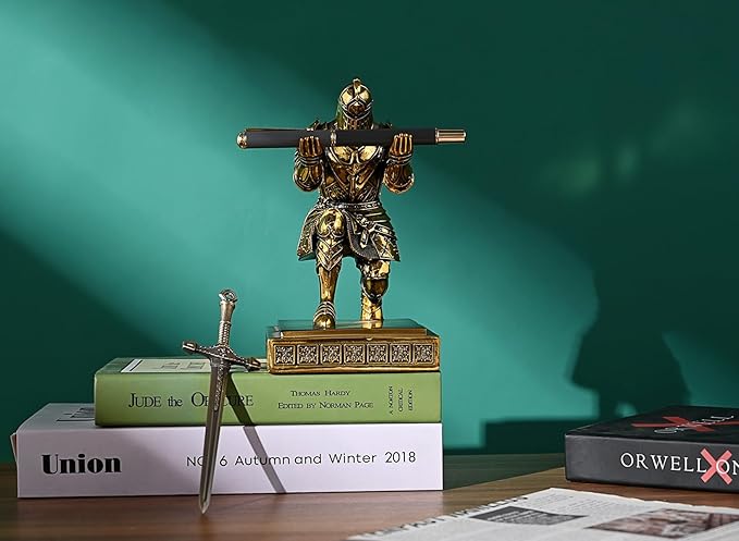 King's Guard Knight Pen Holder Pen Stand Desk Organizers and Accessories Resin Pencil Holder as Gift with a Metal Sword Letter Opener for Office and Home (Bronze(Plating))