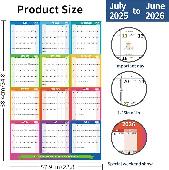 2025-2026 Wall Calendar 34.8" x 22.8" Large Vertical Yearly Wall Hanging Calenda with Julian Date from July 2025 to June 2026 Thick Paper Calendar 12 Month Annual Planner for Office Fridge(Colorful)