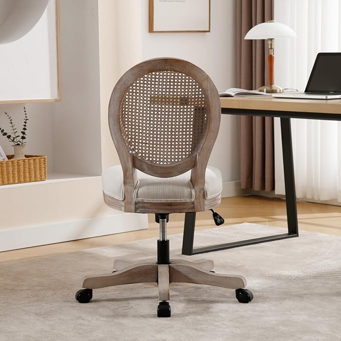 LukeAlon Rattan Back Linen Office Chair, Adjustable Height Swivel Task Chair with Wood Frame Armless Desk Chair with Wheels Upholstered Round Back Vanity Chair for Home Office Study Room, Beige