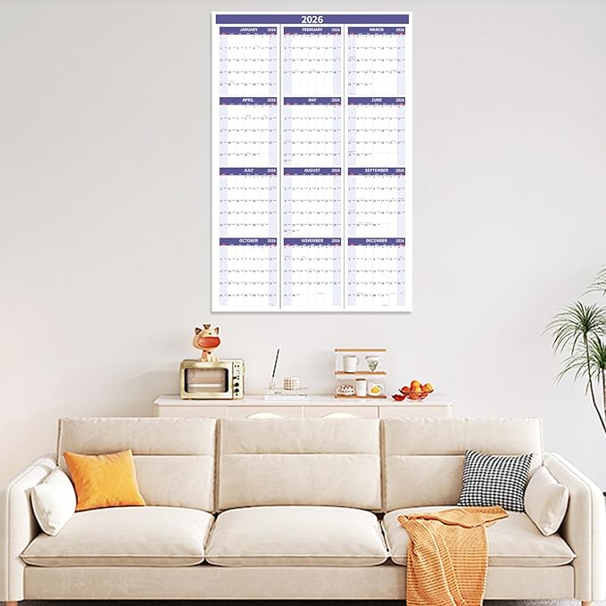 2026 Wall Calendar 34.8" x 22.8" Large Vertical Yearly Wall Hanging Calenda with Julian Date Thick Paper Calendar 12 Month Annual Wall Planner for Wall Office Fridge(Purple)