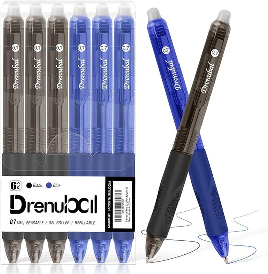 Erasable Pens 0.7mm - Black & Blue Gel Ink, Quick-Drying, Comfort Grip Writing Pens for School, Office, Exams - Gift Set for Students, Kids & Artists
