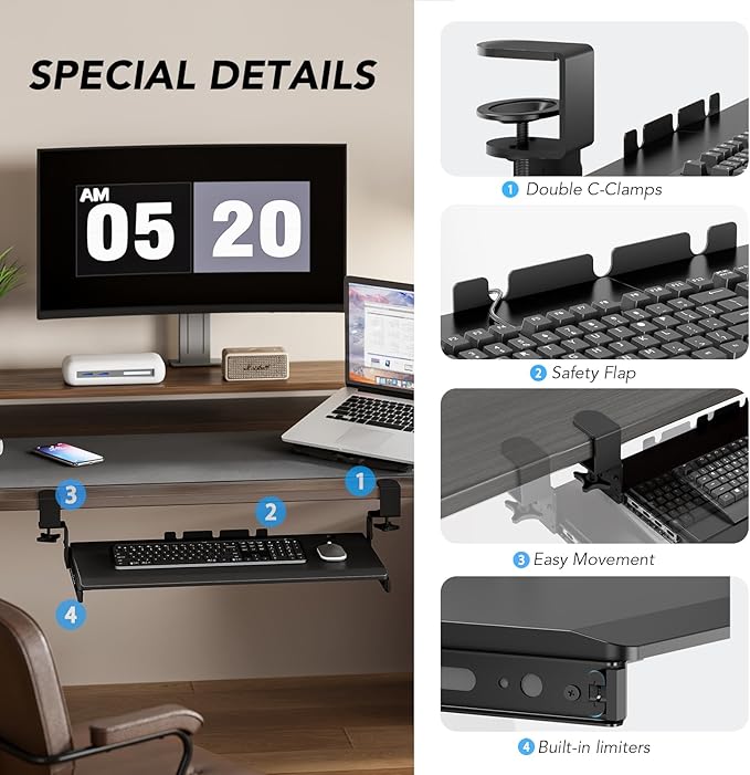 Keyboard Tray Under Desk Pull Out with Extra Sturdy C Clamp Mount System, 27.3 (32.5 inch Including Clamps) x 11 Inch Slide-Out Platform Computer Drawer for Typing Black AX01WB01