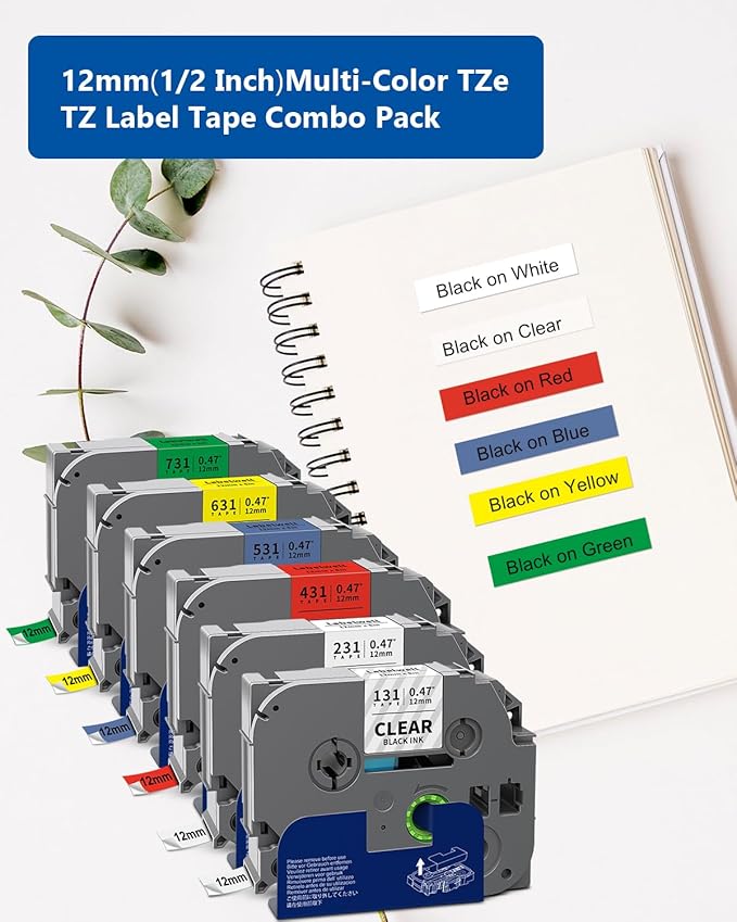 6-Pack TZe 12mm 0.47 Laminated Multi Color Compatible for P Touch Label Tape TZ TZe-231 131 431 531 631 for PTouch PT-H110 D210 D220 PT-H103W, Clear/White/Red/Blue/Yellow/Green