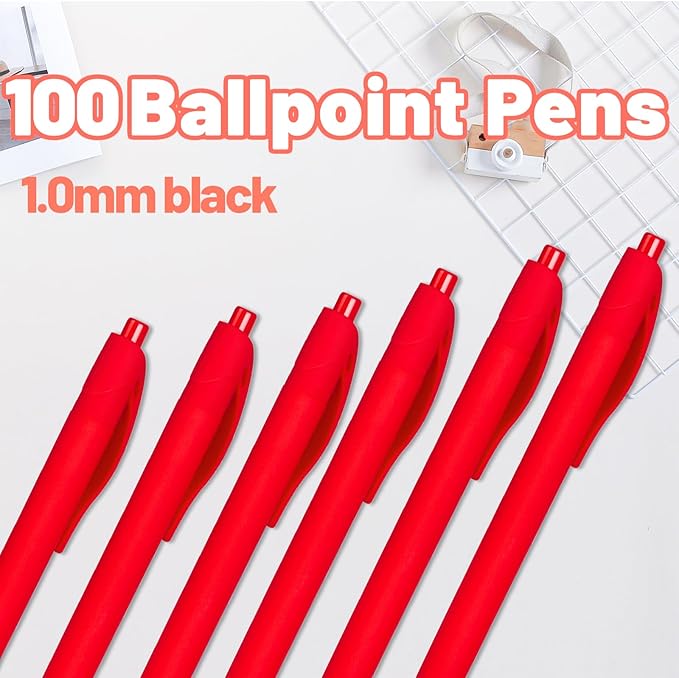 BallPoint Pens, 100 Pack (BLACK Ink),Bulk Pens, Red Barrel,Click Pens for Office Home and School, Retractable Ballpoint Pens, Medium Point, 1.00MM (Red)