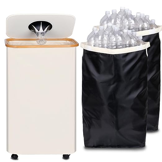 efluky Recycle Bins for Kitchen 100L (26 Gallon), Recycling Bin with Wheels and 2 Removeable and Reusable Inner Bags, Kitchen Recycling bin with lid for Bottle Can Plastice Stickers, Beige