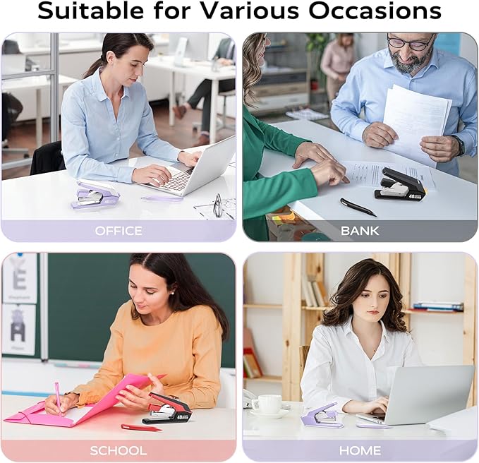 Effortless Stapler for Desk with 40-50 Sheet Capacity, 2000 Staples, 1-Touch Stapling, Ergonomic & Easy to Load Desktop Staplers, Heavy Duty Stapler, and Magnetic Staple Remover, Purple