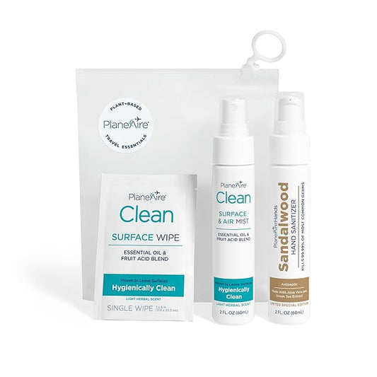 Travel Essentials | Hygiene Kit | Travel Toiletry Kit | Travel Size | Lotion Hand Sanitizer Sandalwood Scent | Surface Wipes | Individual Travel Wipes | Surface Cleaner | Made with Essential Oils