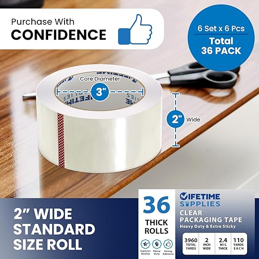 12 Rolls | 2.4 mil Clear | 65 Yards Each (780 Yards Total) | 2" Premium Packing Tape Heavy Duty Packaging Tape for Shipping Moving Stronger Thicker