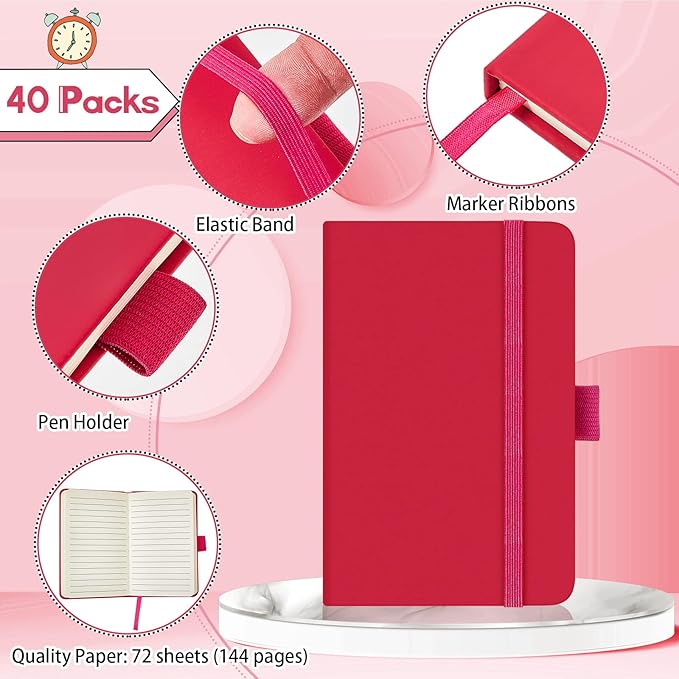 40 Pieces Small Notebooks A6 Pocket Journals 3.5 x 5.5 Inch Small Leather Notebook Mini Ruled Lined Journal with Elastic Band Pen Holder Page Marker Ribbons (Rose Red)