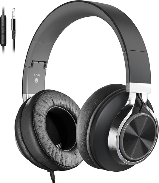 AC01 Headphones Wired Over Ear, Corded Stereo Headsets with Microphone Volume Control for Adults Teens Kids 3.5mm for Cellphones, Tablets, Laptop, Chromebook (Black Grey)