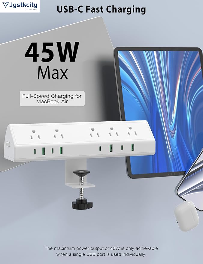 Jgstkcity Desk Clamp Power Strip,45W Fast Charging Station,4 USB-C,4 USB-A,Desk Mount Surge Protector,1875W Extension Cord with Multiple Outlets,ETL Listed,for Home Office Dorm Room,White,6 FT