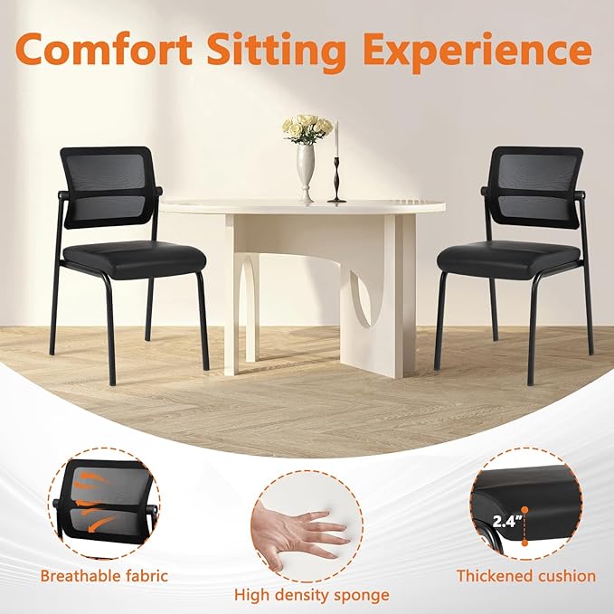 CLATINA Stackable Waiting Room Chair with Adjustable Mesh Backrest, Armless Office Guest Reception Chairs with Leather Cushion and Ergonomic Lumbar Support for Conference Lobby Side School, Black