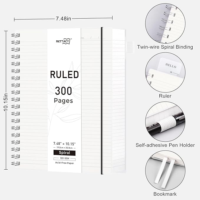 RETTACY Spiral College Ruled Notebook, 300 Pages, B5 Medium Size (7.4" x 10"), for School, Work, Writing, Journaling, 100 GSM Thick Paper, Flexible Plastic Cover (Transparent)