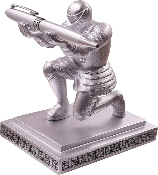 Executive Knight Pen Holder with A Cool Pen, Home Office Desk Organizers Decor Resin Pen Holder, Christmas Gift Idea for Dad, Uncle, Man, Boyfriend, Friends Silver