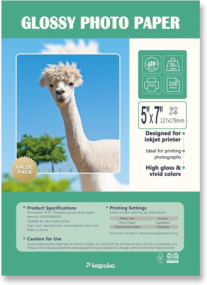 5x7 Glossy Photo Paper for Inkjet Printer, Thin Glossy Photo Paper for Chip Bags, 5R Photo Paper 36 lb, 100 Pack