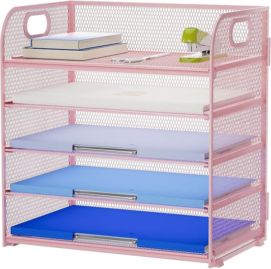 Marbrasse Paper Organizer Letter Tray, 5 Tier Mesh File Organizer with Handle, Paper Sorter Desk Organizer for Home Office Supplies - Pink