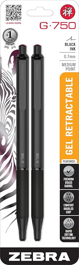 Zebra Pen G-750 Gel Pen 2-Pack, Black Ink, 0.7mm Medium Point, Black Brass Barrel, Knurled Grip, Secure Metal Clip, Refillable (49812)