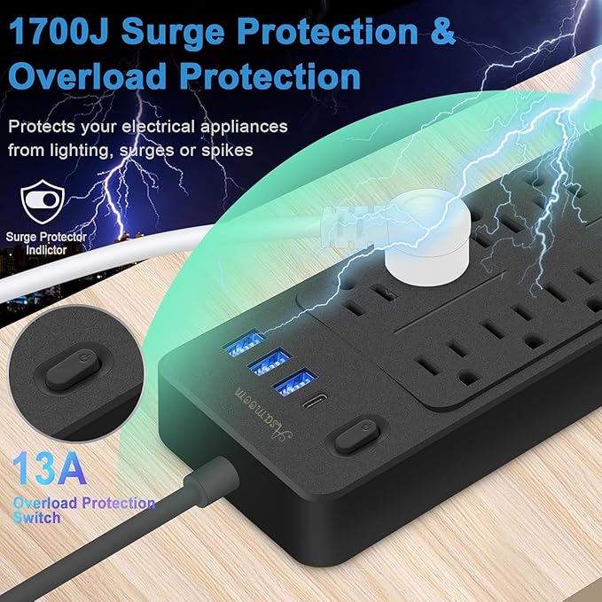 25 FT Power Strips with Surge Protection 1625W/13A,10 Outlets with 4 USB Ports (1 USB C) Long Extension Cord with Multiple Outlets 14-in-1 1700J 16Awg Flat Plug Power Strip Protector Black ETL Listed