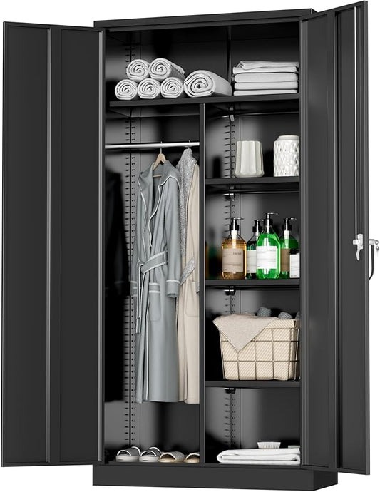 Greenvelly Metal Wardrobe Cabinet with Locking Doors, 72"H Black Metal Wardrobe Closet with Hanging Rods and Adjustable Shelves, Clothing Storage Closet for Home, Office, Employee, Gym (18" D x 36” W)
