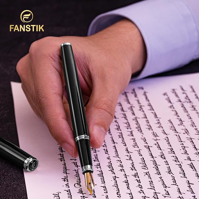 Customized Black & Silver Luxury fountain pen (Made In USA) fancy gift set for women, Chrome Finish, Professional executive pen gift set for men (Lux Custom-fountain Black-Silver)