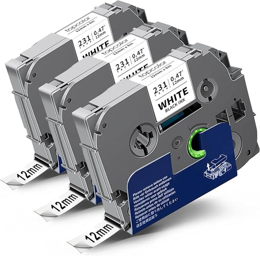3-Pack 12mm 0.47" Black on White Label Maker Tape Compatible for Brother PTouch Tape 12mm 0.47 White Tze-231 Tz231 Tze Tz 12mm 1/2" Laminated for PT-D210 PT-D202 PT-D220 PTD410 PTD600 PTD400