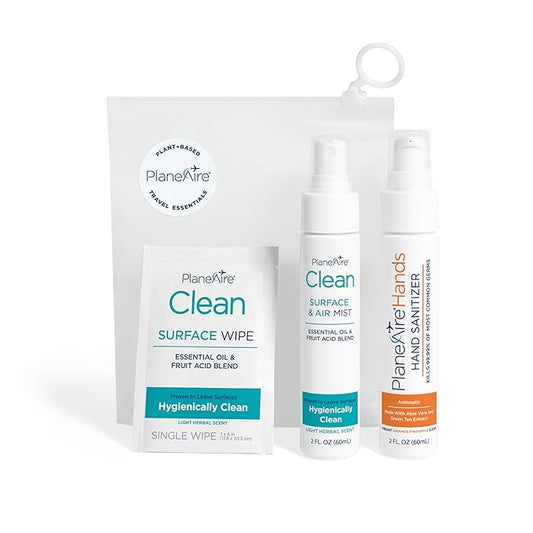 Travel Essentials | Hygiene Kit | Travel Toiletry Kit | Travel Size | Gel Hand Sanitizer Orange Pineapple Scent | Surface Wipes | Individual Travel Wipes | Surface Cleaner | Made with Essential Oils