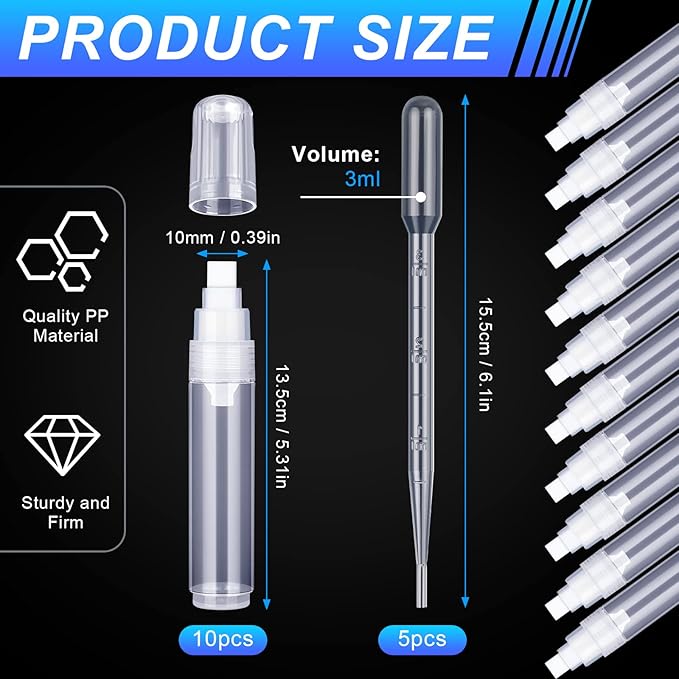 Sabary 10 Pcs Refillable Paint Markers 10 mm Empty Acrylic Markers Blank Flat Head Graffiti White Fillable Paint Pen with 5 Pcs 3 ml Dropper for Oil Water Ink Art Painting Craft Kit