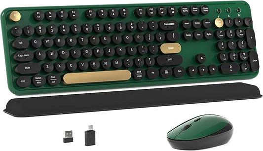 Colorful Wireless Computer Keyboard and Mouse Combo with Round Typewriter Keycaps, Retro Design, Power Switch, Ergonomic Design, 2.4GHz Wireless for Windows, Mac, PC(Dark Green)