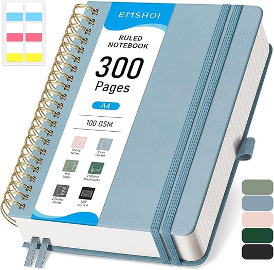 EMSHOI A4 Leather Hardcover Spiral Notebook College Ruled – 300 Numbered Pages, 100 GSM, Lined Journal for Women & Men Work, Journaling, Note-Taking, 8.27” x 11.2” Gray Blue