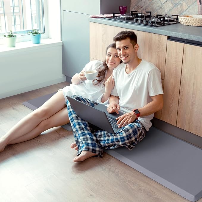 KitchenClouds 2PCS Kitchen Rugs Cushioned Anti-Fatigue Non-Slip Waterproof Kitchen Mat Comfort Foam Standing Mat for Floor Office Sink Laundry (Grey)