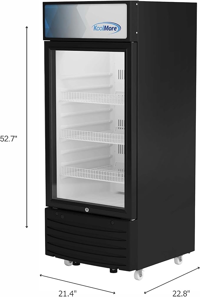 KoolMore KM-MDR-1D-6C 6 Cu. Ft. Commercial One Glass Door Display Upright Beverage Refrigerator Cooler Merchandiser-22.8 in. x 21.4 in. x 52.7 in. [Black]