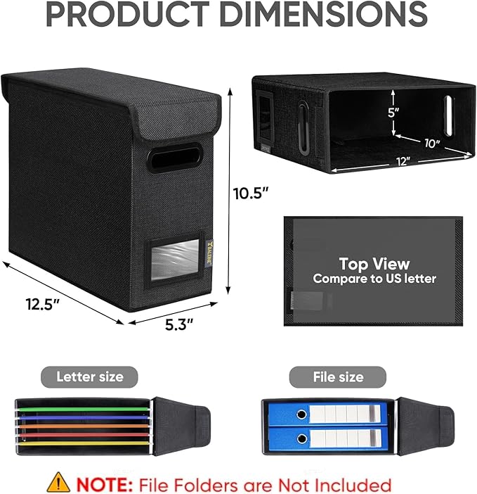 BALEINE File Organizer Box with Lid, Collapsible File Folder Organizer with Plastic Slide, Hanging File Folder Box for Office Document Storage (2 Pack, Black, S)