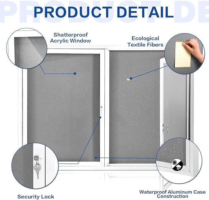 SWANCROWN Weather Resistant Enclosed Bulletin Board Gray Fabric Displays Boards Wall Mounted Notice Cabinet with Three Locking Doors, 70x36 inches