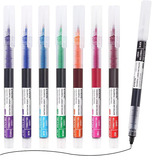 EYEYE 0.7mm Rollerball Pens Multicolor, 8 Assorted Colors Medium Point Quick Dry Liquid Ink Pen Fine Point Smooth Writing Pens for Journaling, Note Taking, Office, School, Doodling & Gifts