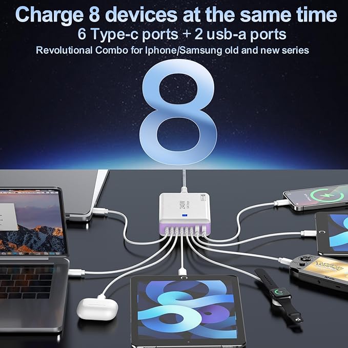 Type C Charger 240W, USB C Charger Block Fast Charging 8 Ports, PD 65W GaN III Laptop Charger Adapter Compatible with MacBook Pro/Air,DELL,Steam Deck,iPhone 15/14/13,Galaxy S23/22, More Gadgets