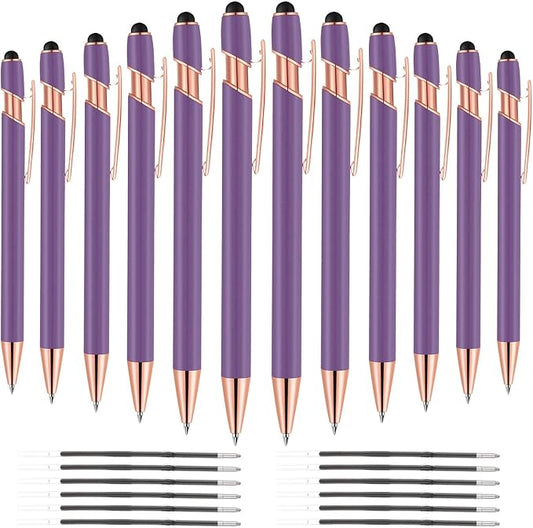 12 PCS 2 in 1 Stylus Ballpoint Pen with Stylus Tip, 1.0 mm Black Ink Metal Pen Stylus Pen for Touch Screens (Light Purple)