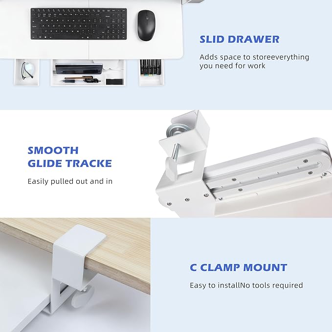 Keyboard Tray Under Desk with Drawer,26.77" X 11.81"Large Size Keyboard Tray with C Clamp-on Mount, Easy to Install, for Home Office (White)