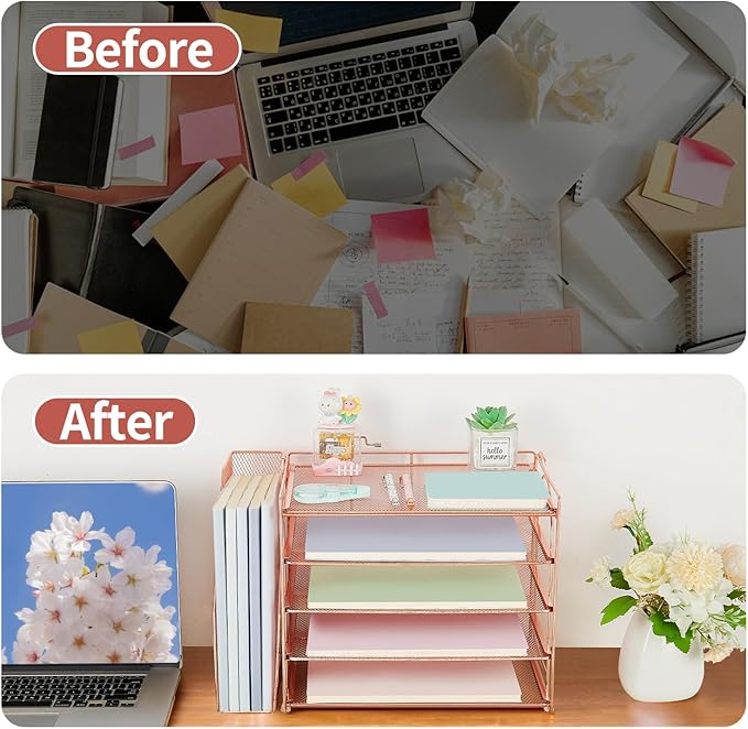AUPSEN Rose Gold Desk Accessories Organizer,5-Tier Desktop Paper File Organizer with Adjustable File Holder, Office Desk Accessories for Office Supplies