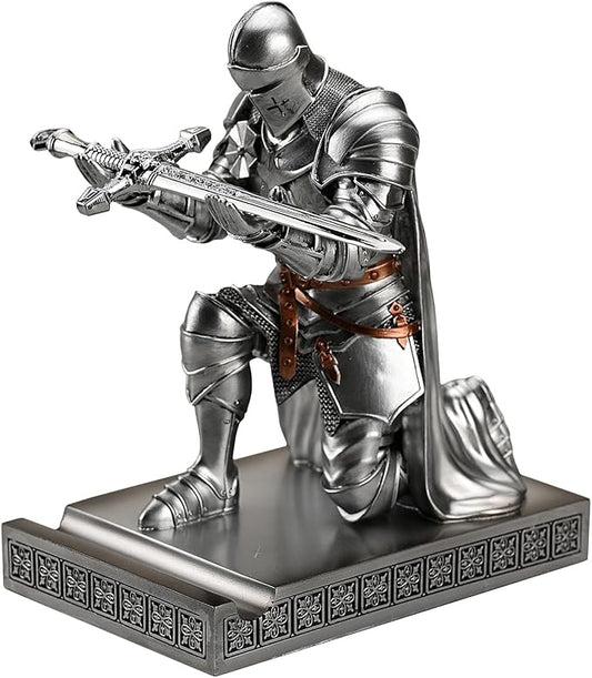 Medieval Armored Warrior Wearing Outerwear, Mobile Phone Stand Knight Pen Holder Desk Organizers, Resin Bookends Paperweight with a Letter Opener for Desk (Silver)