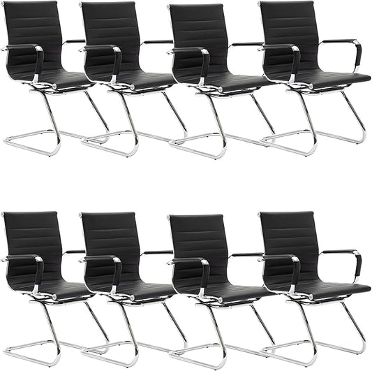 Black Office Desk Chair No Wheels Set of 8 PU Leather Computer Chairs Mid Back Guest Chairs for School Reception Conference Waiting Room, Black