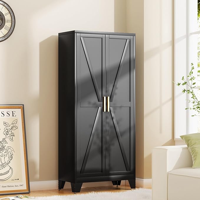 61H Metal Storage Cabinet with 2 Doors and 4 Shelves,Farmhouse Storage Cabinet with Barn Doors,Pantry Storage for Home,Office,Bathroom,Dining Room,Kitchen(Black)