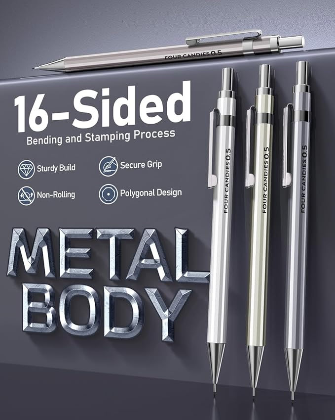 Four Candies 0.5mm Mechanical Pencil Set with Case - 4PCS Metal Mechanical Pencils, 8 Tubes HB #2 Lead Refills, 3PCS 4B Erasers and 9PCS Eraser Refills, Lead Mechanical Pencils for Writing & Drawing