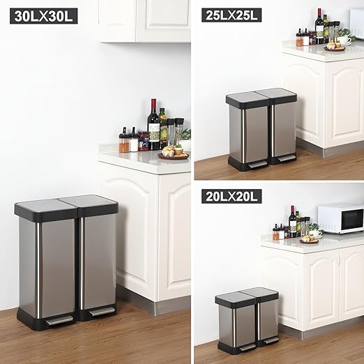 Kitchen Trash Can, 2 x 7.93 Gal (2 x 30L) Dual Trash Can with Recycle Bin, Stainless Steel Garbage Can, Fingerprint-Resistant Soft-Close Dual Recycling Bins for Kitchen