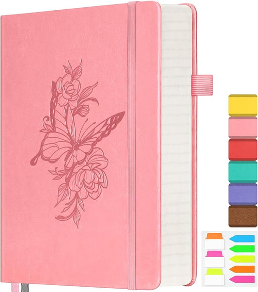 Lined Notebook Journal for Women, 312 Numbered Pages A5 Thick Leather Journal, 100gsm Paper Daily Journal for Work Travel, Hardcover College Ruled Notebook, Giftable Butterfly Floral Notebook, Pink